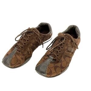 Coach Kate Womens 9.5M Dark Brown Signature Logo Fabric Suede Leather Sneakers